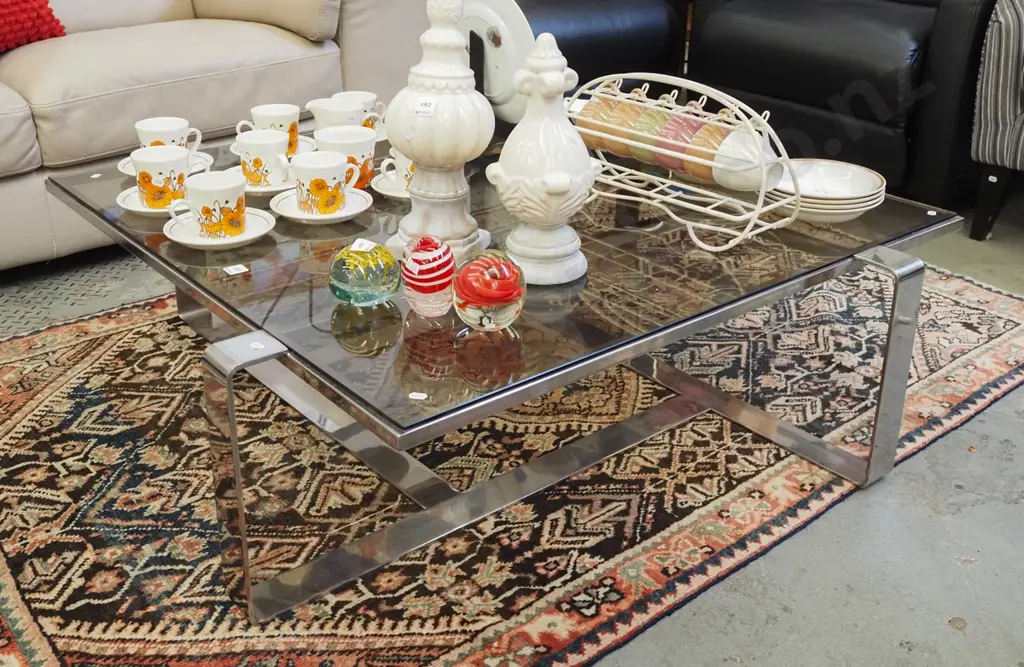 modern rectilinear chrome glass top coffee table H350 W1060 Image 1++