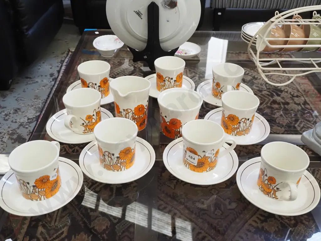 Crown Lynn orange poppies cups, saucers, creamer - sugar has no lid Image 1++