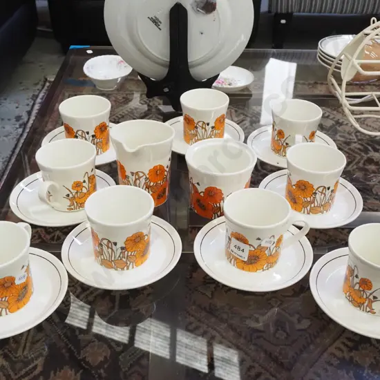 Crown Lynn orange poppies cups, saucers, creamer - sugar has no lid