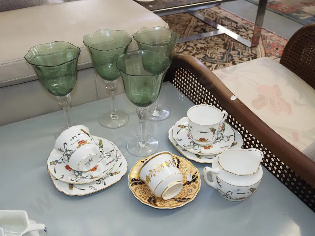 cup, saucer, trios, 4x green stemmed wine glasses Image 1++