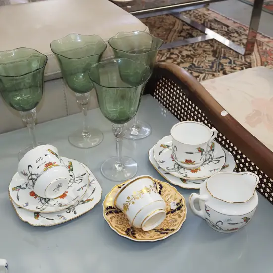 cup, saucer, trios, 4x green stemmed wine glasses