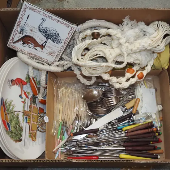 box; retro bbq plates, cutlery, fondue forks, macrame plant hanger etc