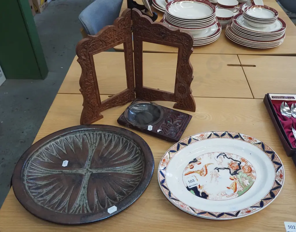 mallard bowl, pottery bowl, maori themed ashtray, carved wooden twin hinged photo frame Image 1++