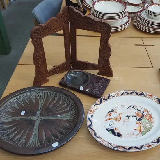 mallard bowl, pottery bowl, maori themed ashtray, carved wooden twin hinged photo frame