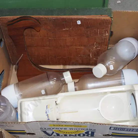 box; soda stream and bottles, large wooden ashet stand etc