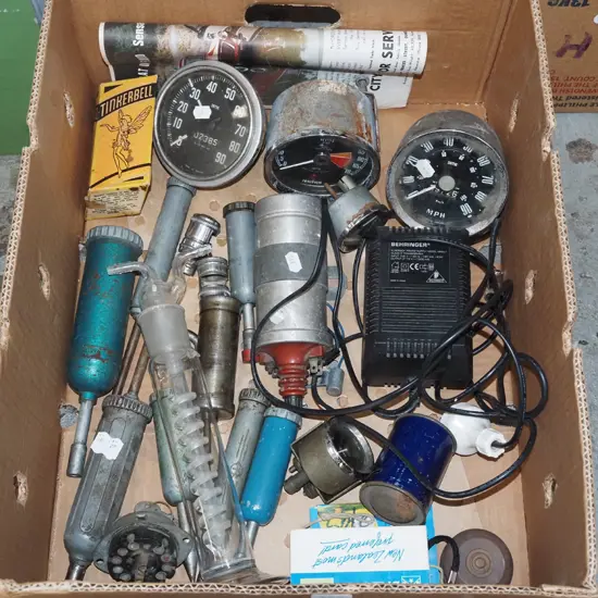 box; lab glass ware, grease guns, automotive dials etc