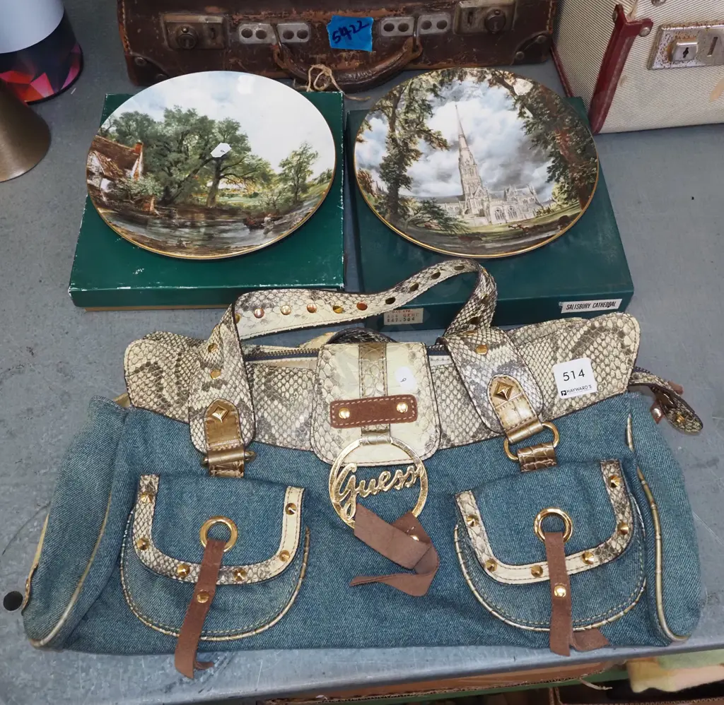 Staffordshire constable print plates, denim and faux snakeskin handbag Image 1++