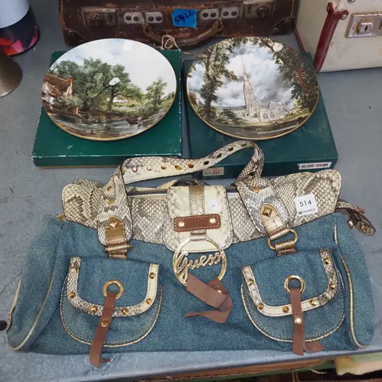 Staffordshire constable print plates, denim and faux snakeskin handbag