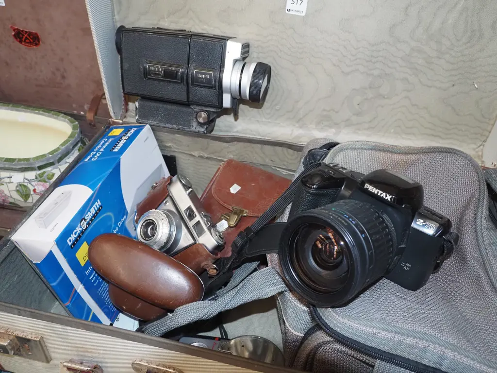 vintage suitcase and cameras; Pentax Z/70 film camera etc Image 1++