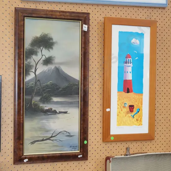 colonial oil - lake and mountain scene - damage