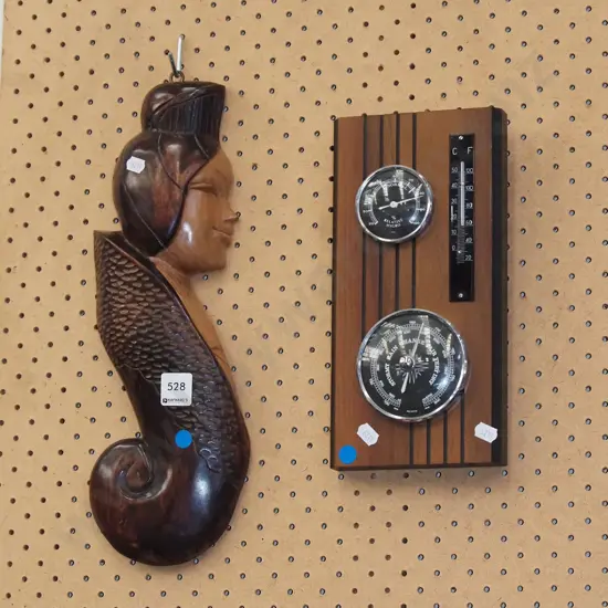 wall mounted carved figurine, barometer/thermometer/hydrometer