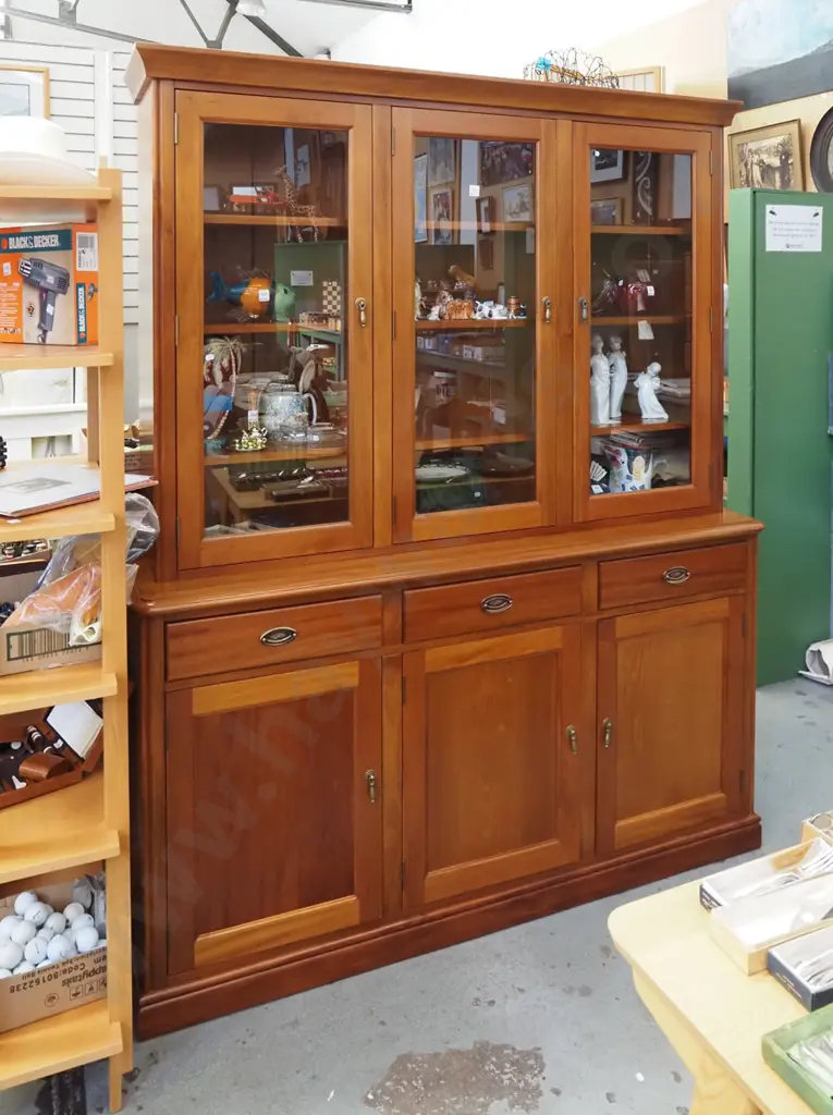 solid rimu Davies Furniture bookcase chiffonier with 3 glazed doors and adjustable shelves on top over 3 drawers and  Image 1++