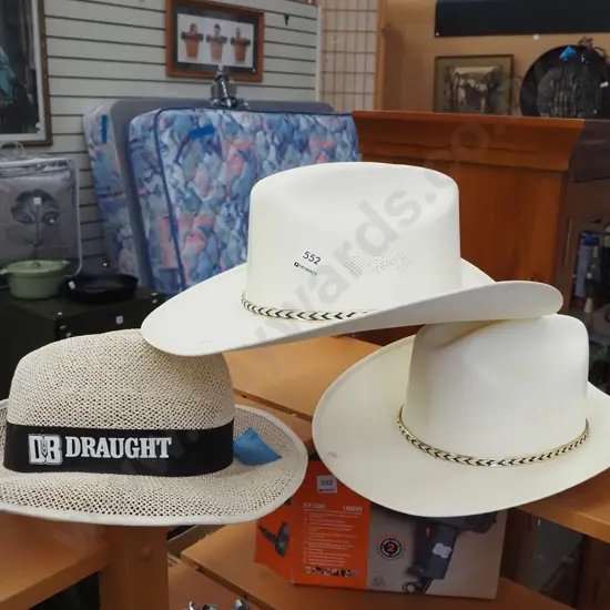 2x plastic Mexican cowboy hats, 1x DB Draught hat