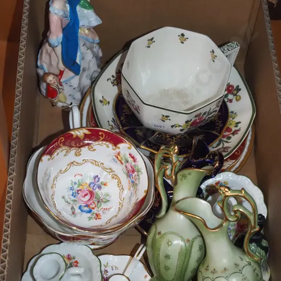 box; small ewer vases, cups, saucers - some cracks and damage etc