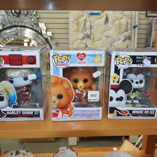 3x Pop Figurines - Harley Quinn, Braveheart Lion, Minnie On Ice