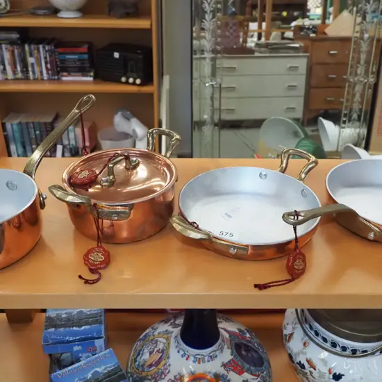 4x as new small Italian Ballarini copper pots and pans Double handled pan Diam145