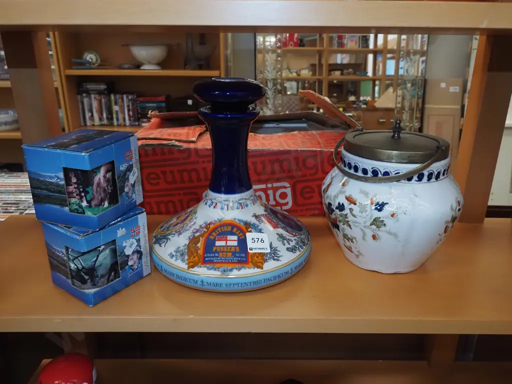British Navy Rum ship decanter, coffee cups, Burslem biscuit barrel Image 1++