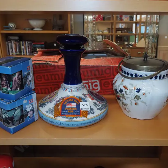 British Navy Rum ship decanter, coffee cups, Burslem biscuit barrel