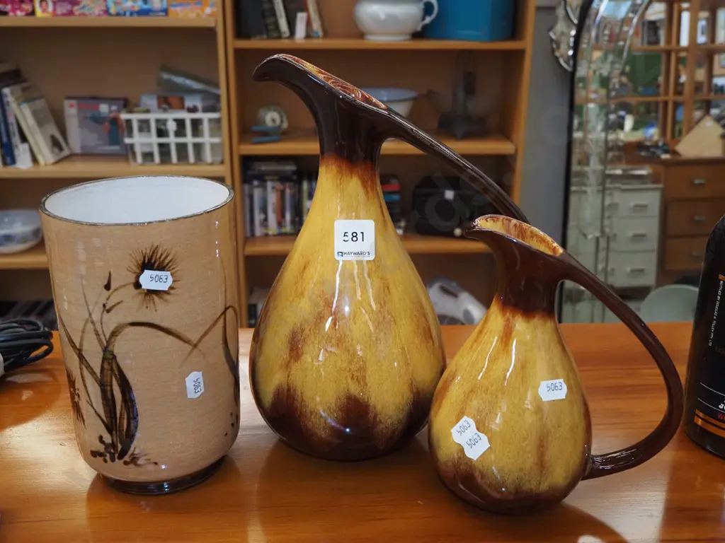 studio pottery hand painted vase, 2x Blue Mountain ewer vases h270 Image 1++