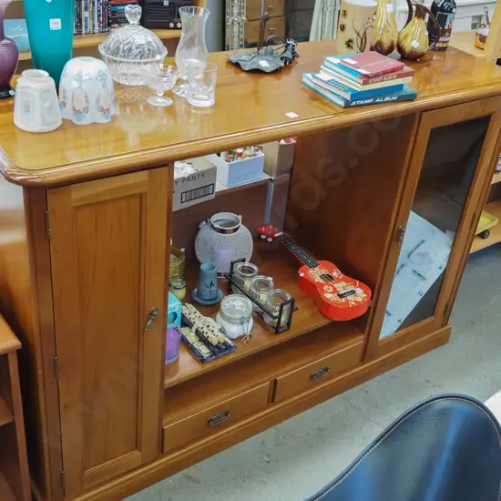 solid rimu entertainment unit - glazed and solid doors, 2 drawers 