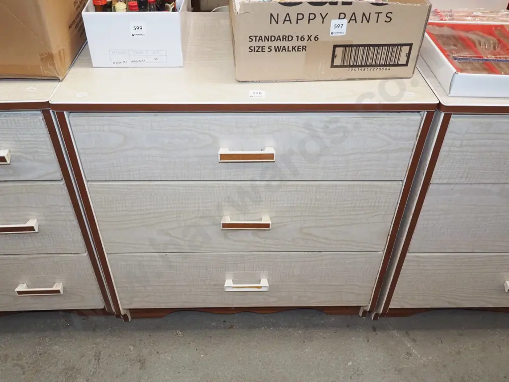 mid century chip board and solid wood formica top 3 drawer lowboy - damage to 1 handle H630 W610 D410 Image 1++
