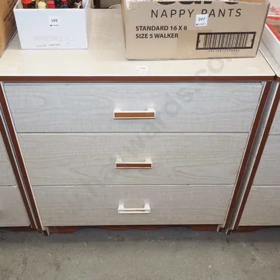 mid century chip board and solid wood formica top 3 drawer lowboy - damage to 1 handle H630 W610 D410