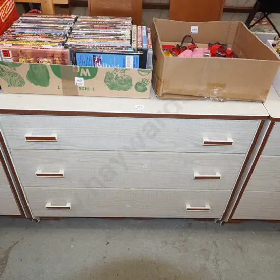 mid century chip board and solid wood formica top 3 drawer lowboy H630 W810 D410