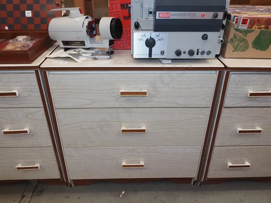 mid century chip board and solid wood formica top 3 drawer lowboy  H630 W610 D410 Image 1++