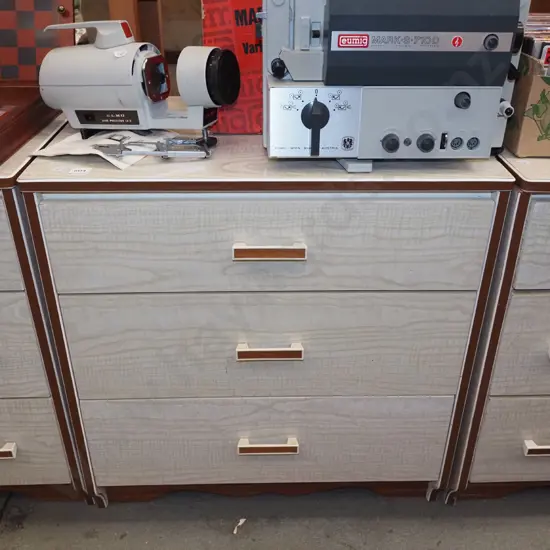 mid century chip board and solid wood formica top 3 drawer lowboy  H630 W610 D410