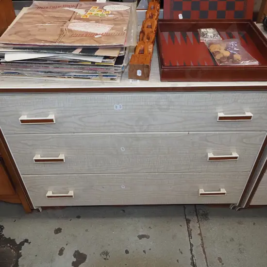 mid century chip board and solid wood formica top 3 drawer lowboy H630 W810 D410