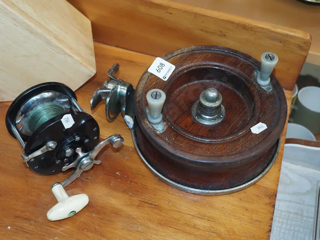 vintage woden fishing reel, 1 other reel Image 1++