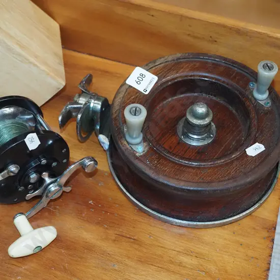 vintage woden fishing reel, 1 other reel