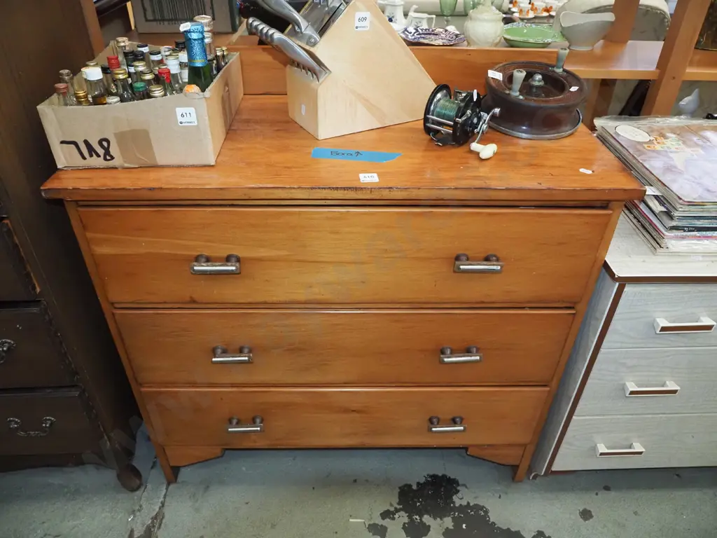 rimu 3 drawer chest - signs of borer on top H680 W835 D390 Image 1++