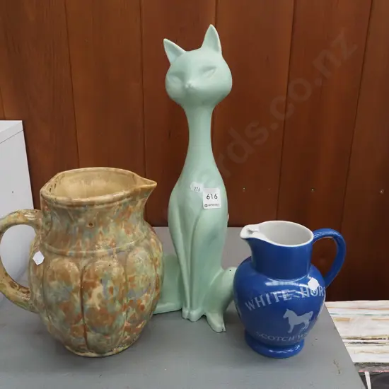 whisky jug, cat figurine, mottled glazed ceramic kettle - damage