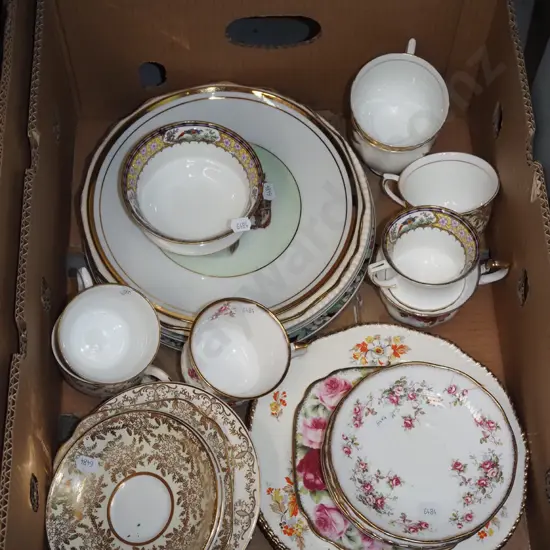 box; cups, saucers, bowls, plate - some cracks and repairs