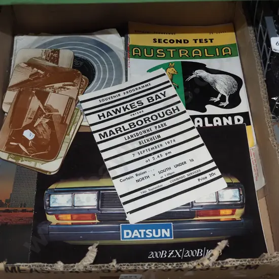 1980s car brochures, rugby programmes, 45s, coasters