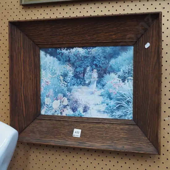 oak framed print - lady in garden
