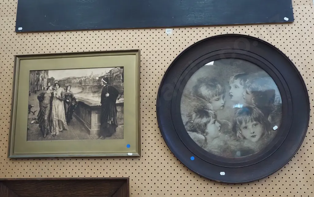 circular oak framed print - children, framed print - people and street scene (no glass)  - blue dots Image 1++