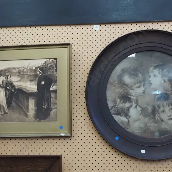 circular oak framed print - children, framed print - people and street scene (no glass)  - blue dots