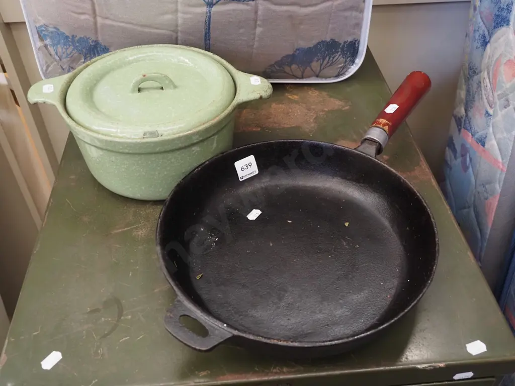 green speckled cast iron lidded casserole, wooden handled cast iron frying pan Image 1++