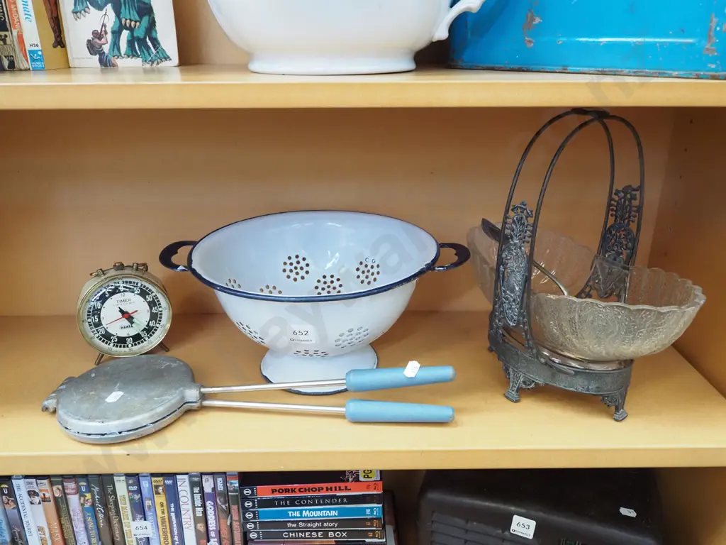 shelf; enamel colander, bedside alarm clock, plated glass serving bowl etc Image 1++