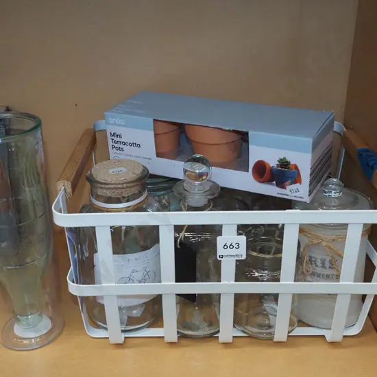 metal basket, jars, mini terracotta pots etc