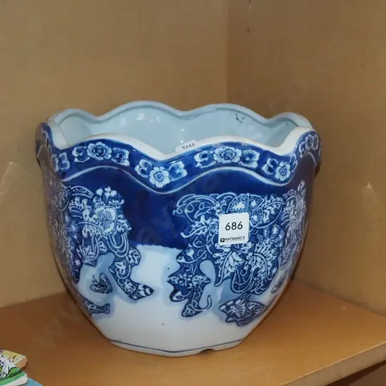 blue and white garden planter