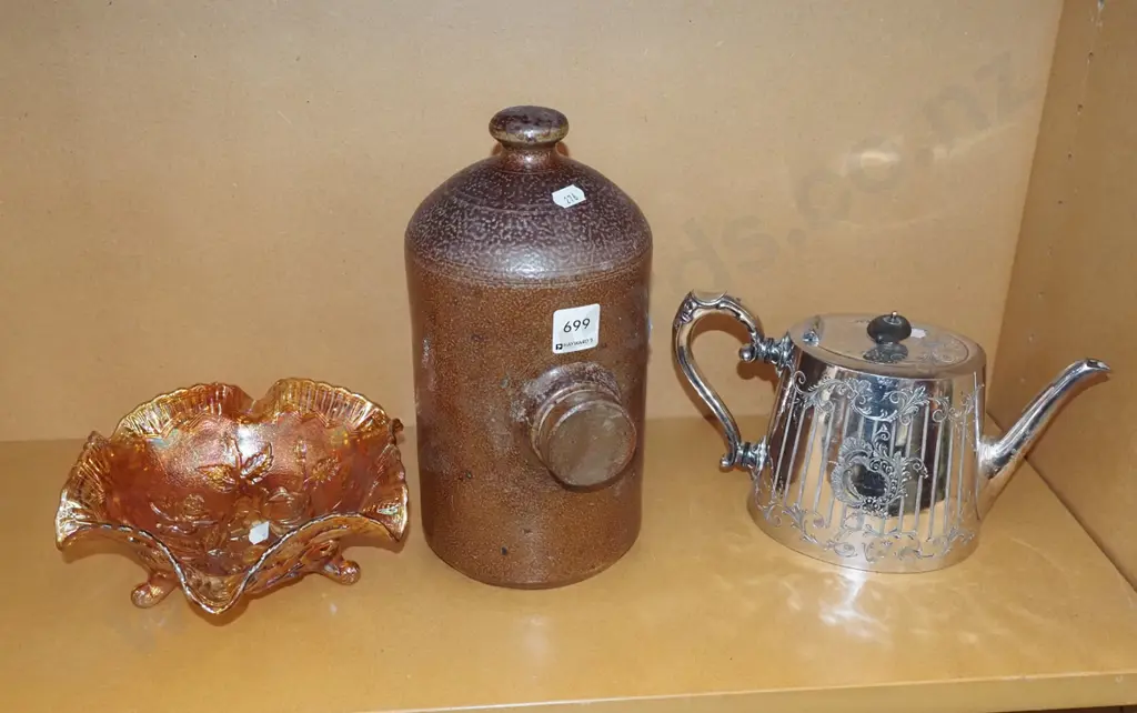 plated teapot, stone ware hot water bottle H260, carnival glass bowl Image 1++