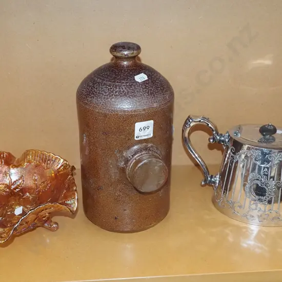 plated teapot, stone ware hot water bottle H260, carnival glass bowl