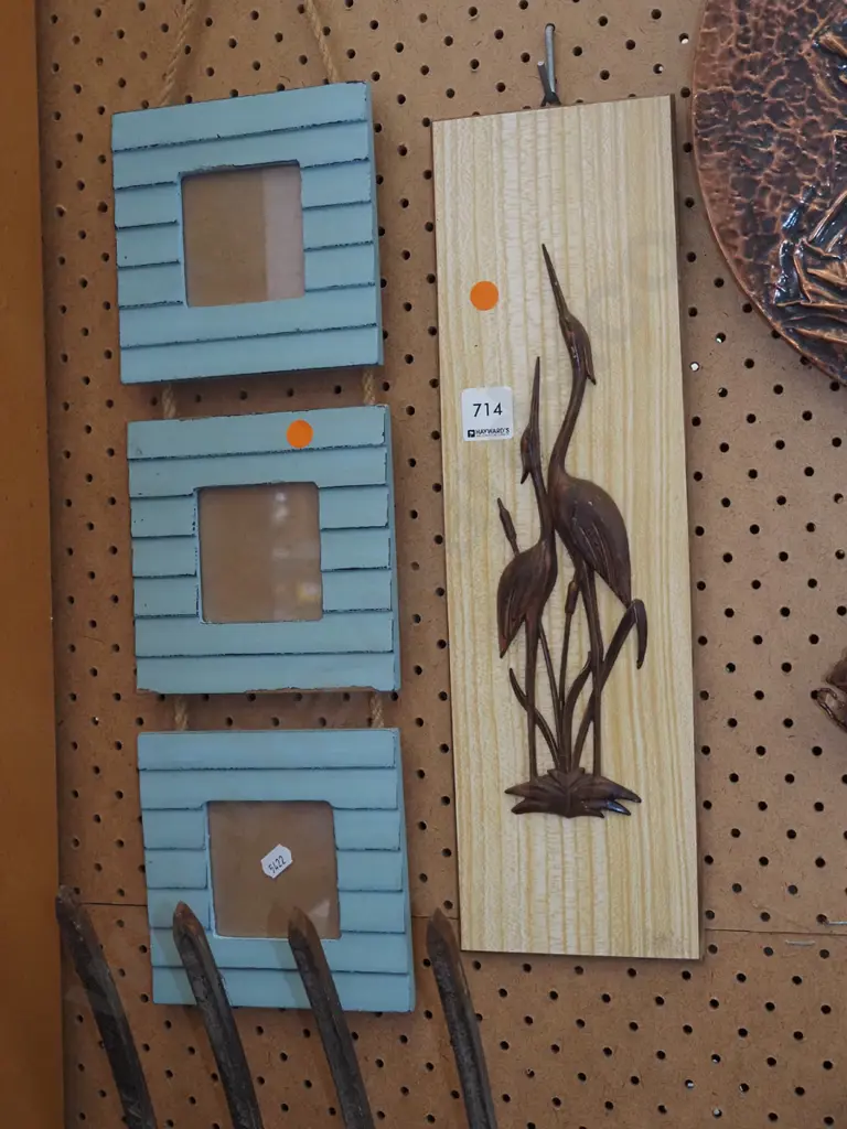 retro formica and wood wall art, hanging tryptpic frames - orange dots Image 1++