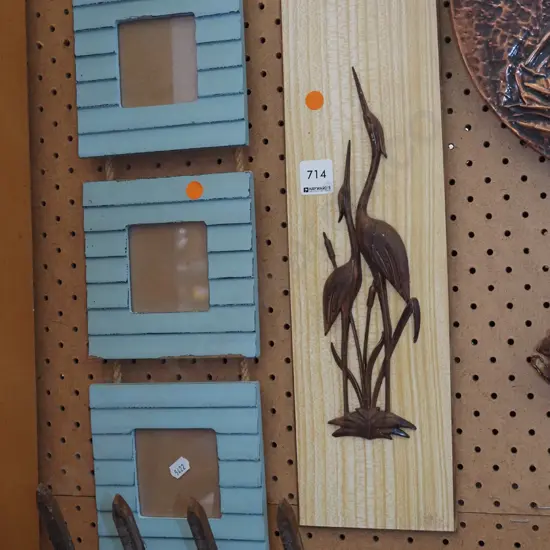 retro formica and wood wall art, hanging tryptpic frames - orange dots