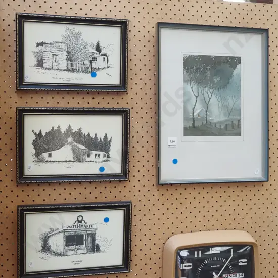 4x framed prints - 3x Naseby cottages, house between trees - blue dots