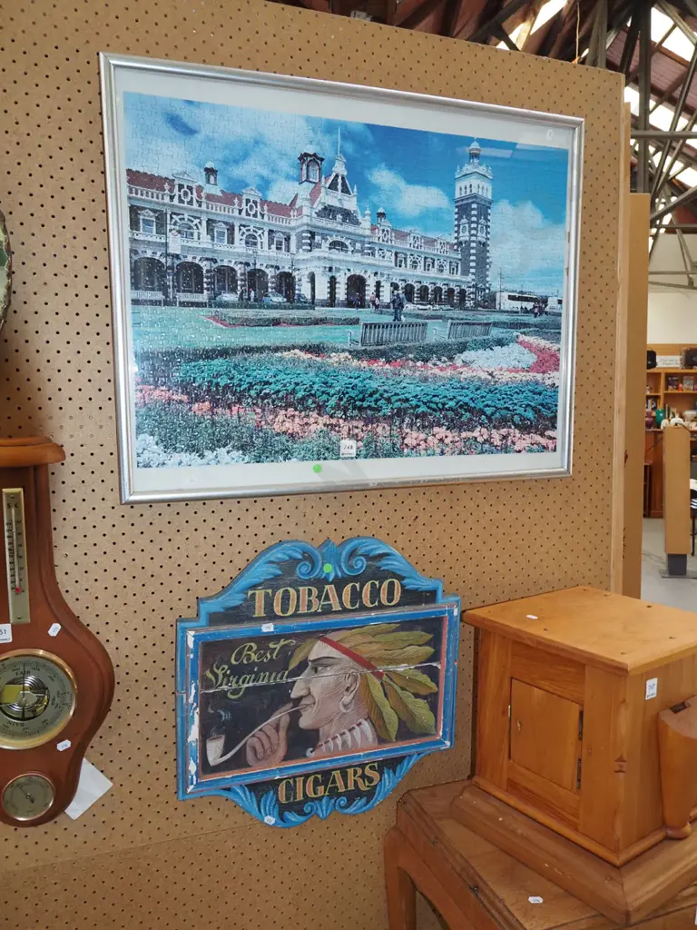 framed puzzle - Dunedin Railway Station, hand painted reproduction ciagr advertising sign - green dots Image 1++