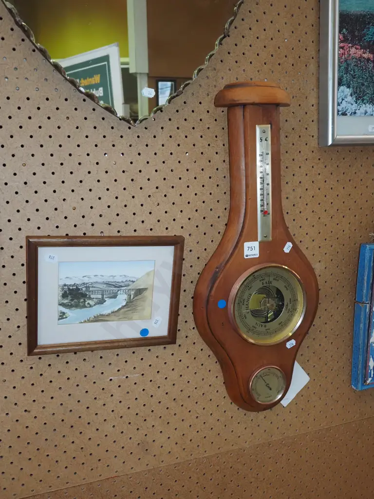 wall mounted barometer/thermometer/hydromet, hand coloured Yvonne Benson print - blue dots Image 1++